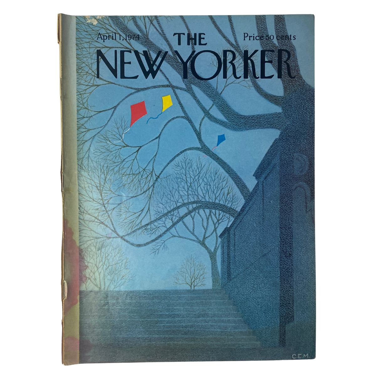 The New Yorker Full Magazine April 1, 1974 Charles E. Martin Cover featuring a blue and gray illustration with abstract colored shapes, depicting a serene tree-lined staircase.