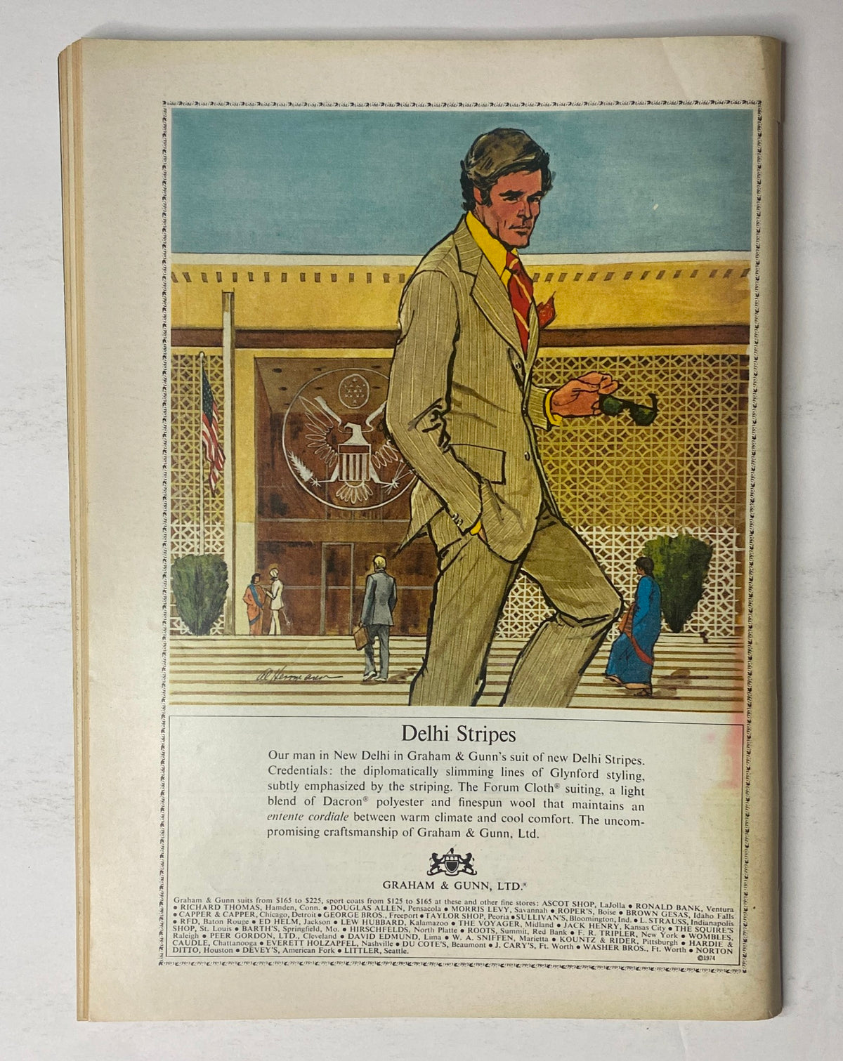 Back cover of The New Yorker Full Magazine April 1, 1974 showcasing an illustration for Delhi Stripes, featuring a man in a suit walking towards a modern building.