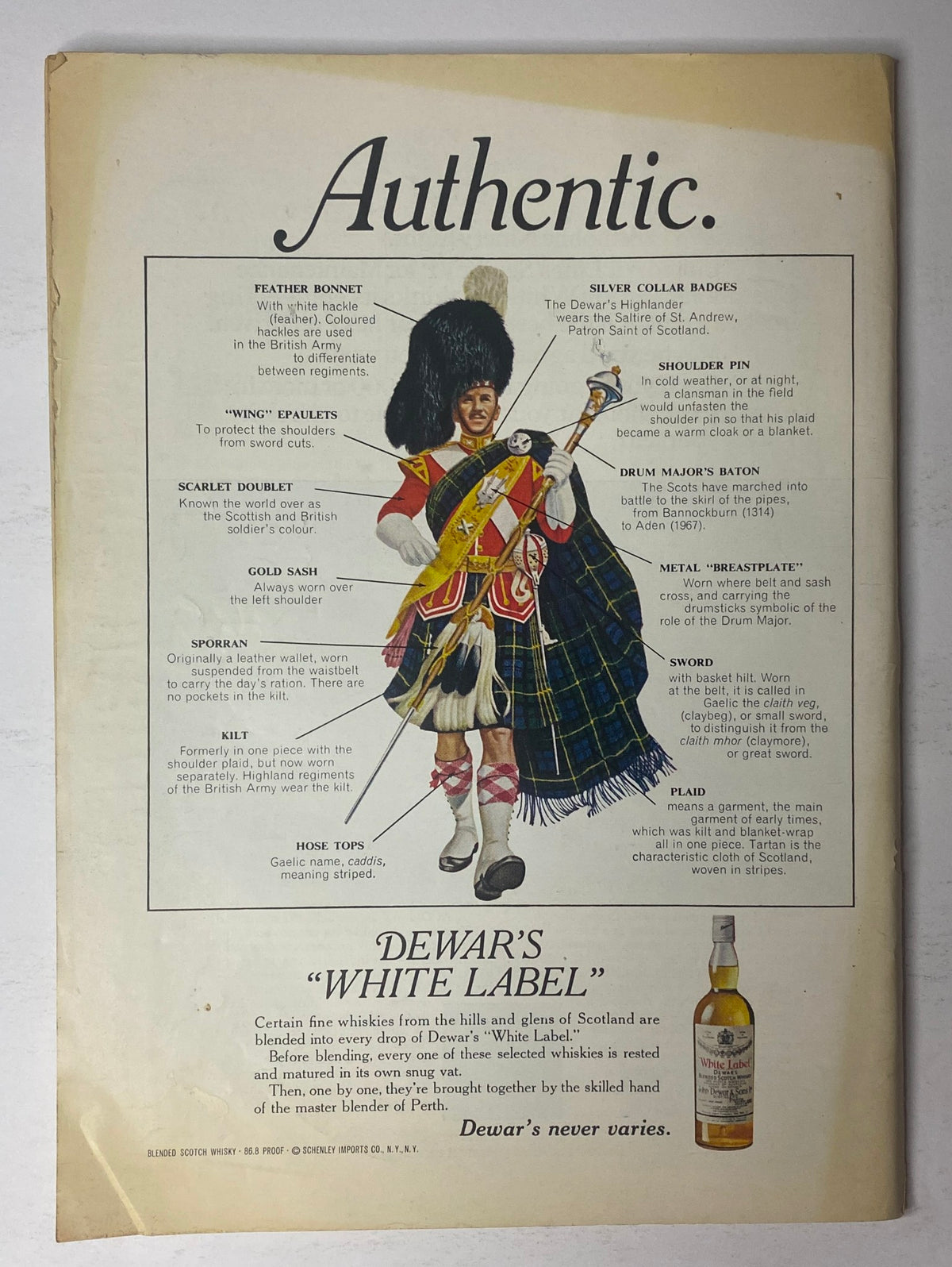 Back cover of The New Yorker magazine, March 10, 1973, featuring a Scottish man in traditional attire, advertising Dewar's White Label Scotch Whisky. Captivating illustration from the era adds to the unique charm of this vintage magazine.