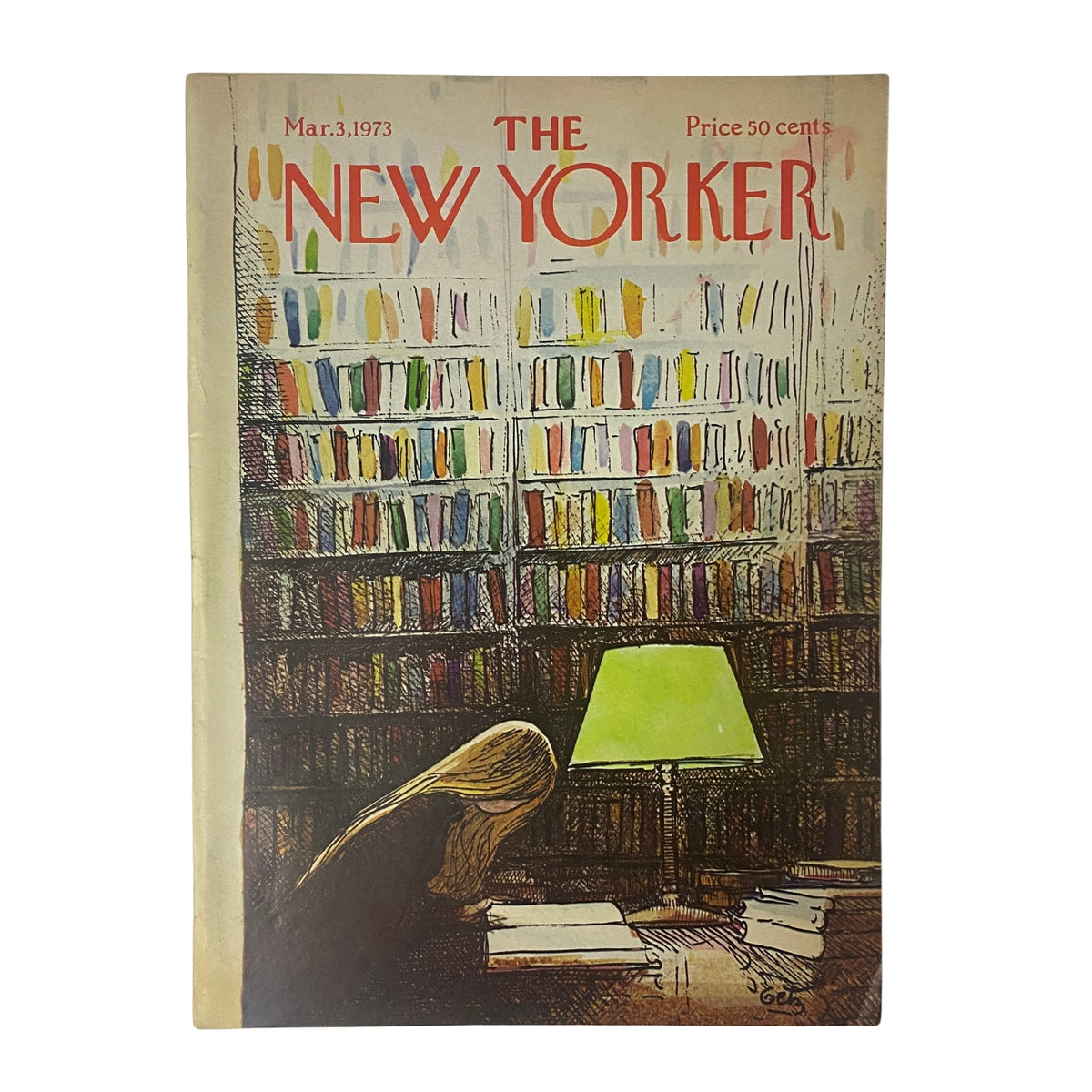 The New Yorker Full Magazine March 3, 1973 Arthur Getz Cover featuring a woman reading in front of a colorful bookshelf, showcasing the magazine's artistic flair from the 1970s.