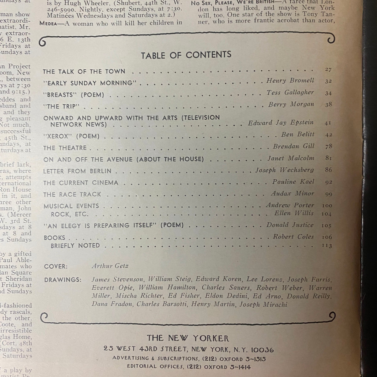 Table of Contents from The New Yorker Full Magazine March 3, 1973, listing articles and contributors, including works by Henry Bromell and Pauline Kael.