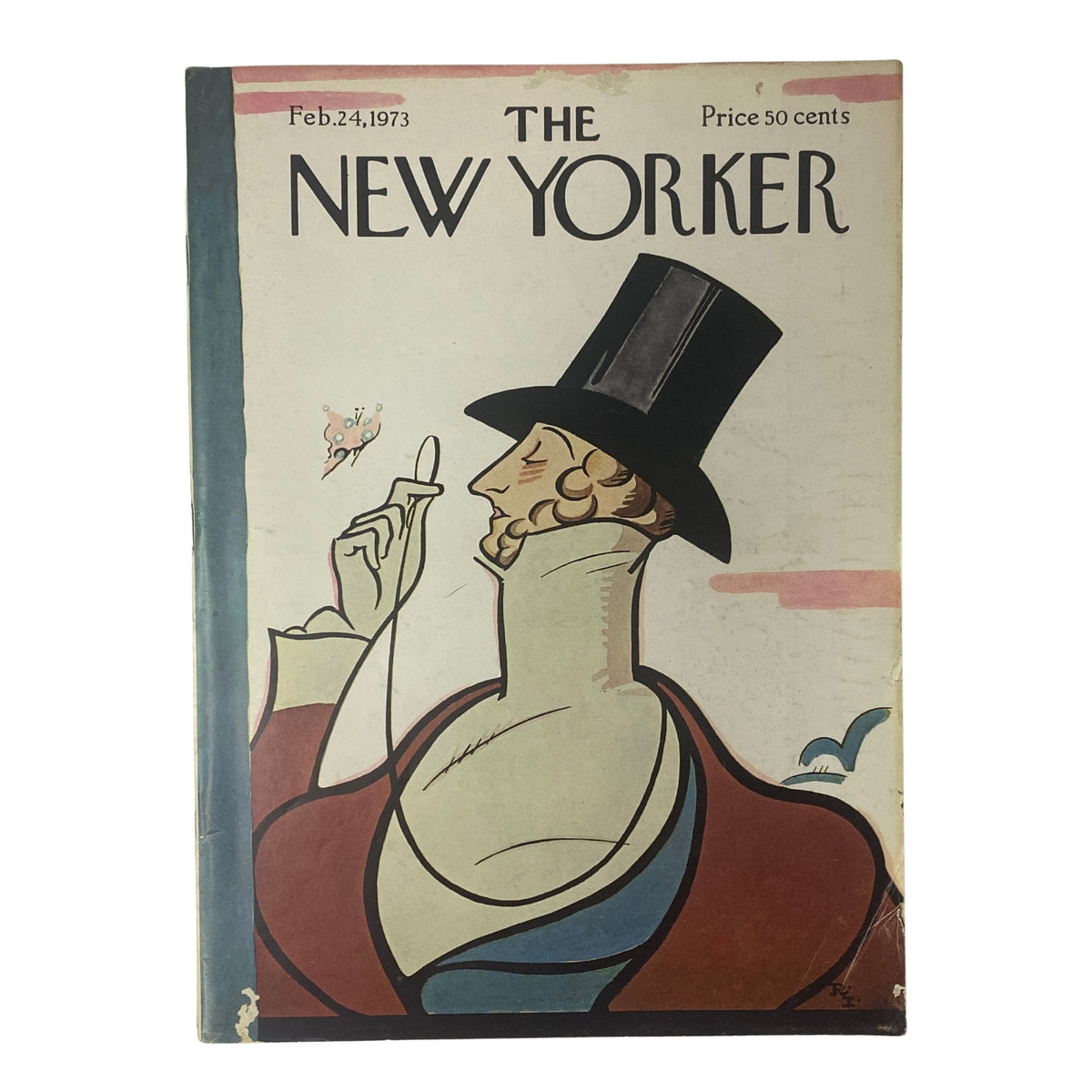 Cover of The New Yorker Full Magazine February 24, 1973 featuring a Rea Irvin illustration of a man in a top hat, showcasing vintage art and design from the early 1970s.