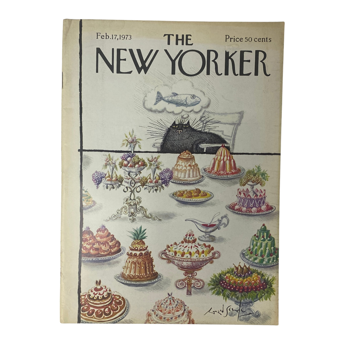 Cover of The New Yorker Full Magazine February 17, 1973 featuring an illustration by Ronald Searle depicting a whimsical array of desserts.