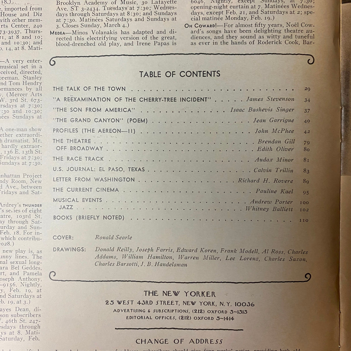 Table of contents from The New Yorker Full Magazine February 17, 1973, listing articles and features including 'A Reëxamination of the Cherry-Tree Incident' by James Stevenson.