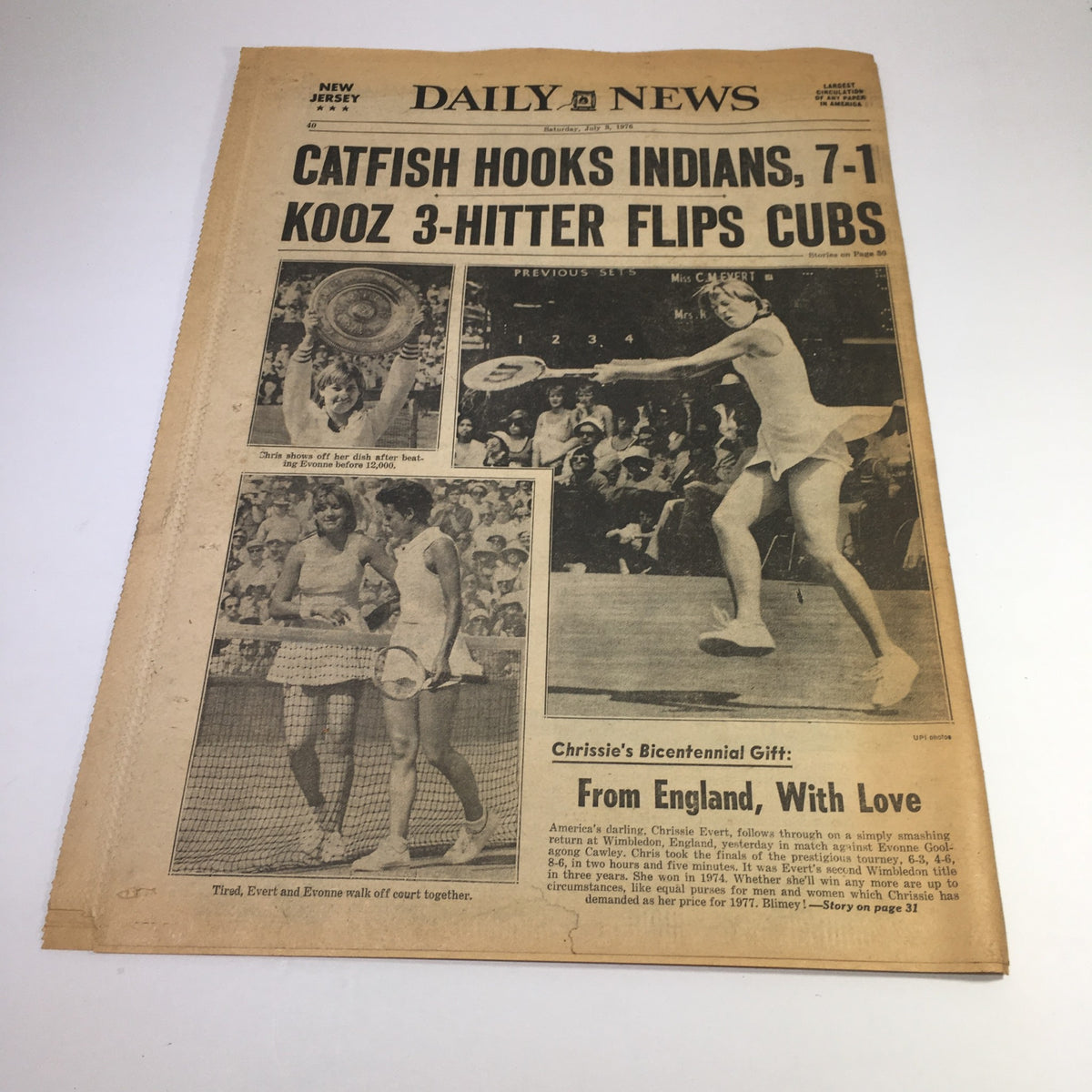 NY Daily News July 3 1976 front page featuring a headline about death penalty for murderers while legislators are on holiday, along with various sports images including tennis and baseball, capturing historical moments from that era.