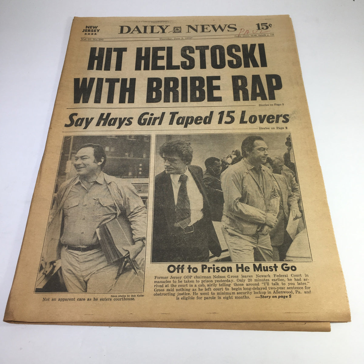 NY Daily News June 3 1976 newspaper featuring the headline 'Hit Helstoski W/ Bribe Rap; Off To Prison Nelson Gross.' The image shows the newspaper cover with notable details and vintage design.