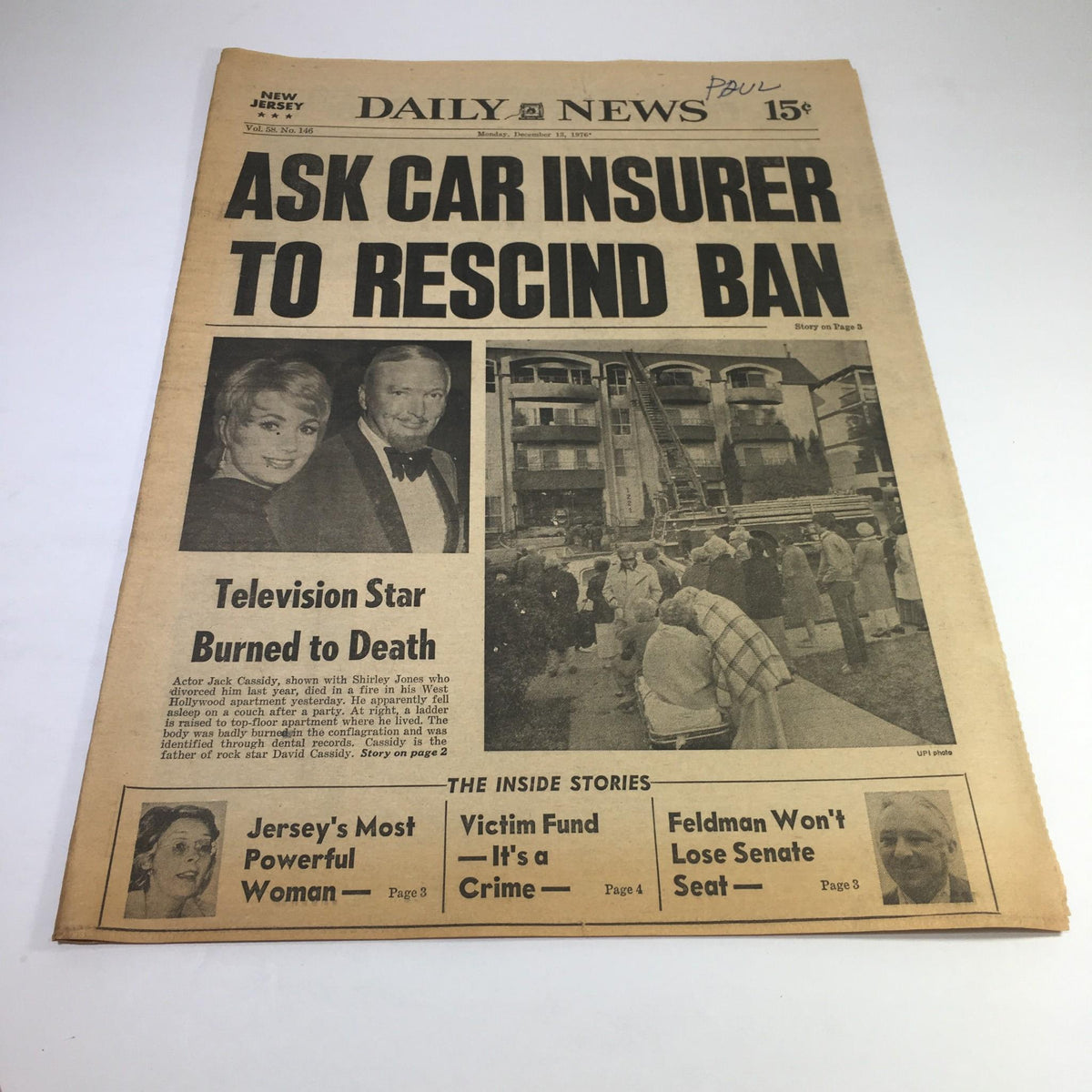 NY Daily News headline from December 13, 1976: 'Ask Car Insurer to Rescind Ban; Television Star Burned to Death'. The front page features a photo of Jack Cassidy and a notable article reflecting on a tragic event.