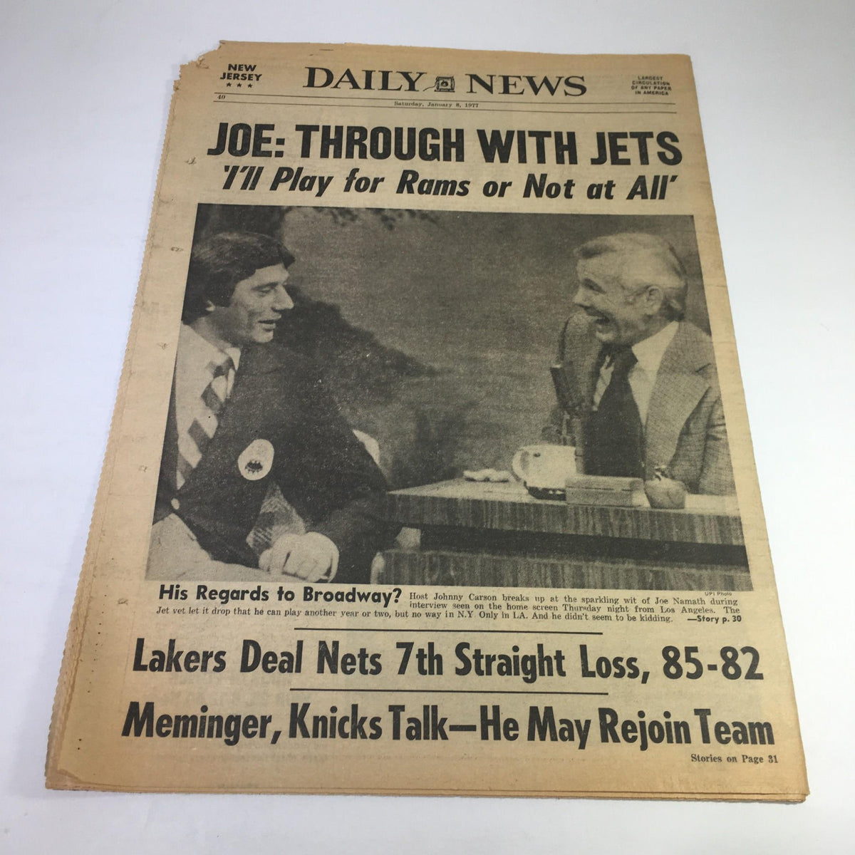 NY Daily News newspaper displaying the headline 'Joe: Through With Jets, I’ll Play for Rams or Not at All'. The image features a photograph of two men engaged in conversation, indicative of sports journalism from the late 1970s.