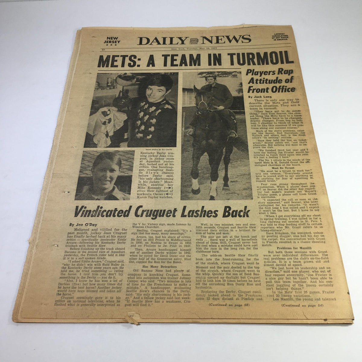 NY Daily News from May 10, 1977, with the headline 'METS: A TEAM IN TURMOIL' discussing the New York Mets and related player issues.