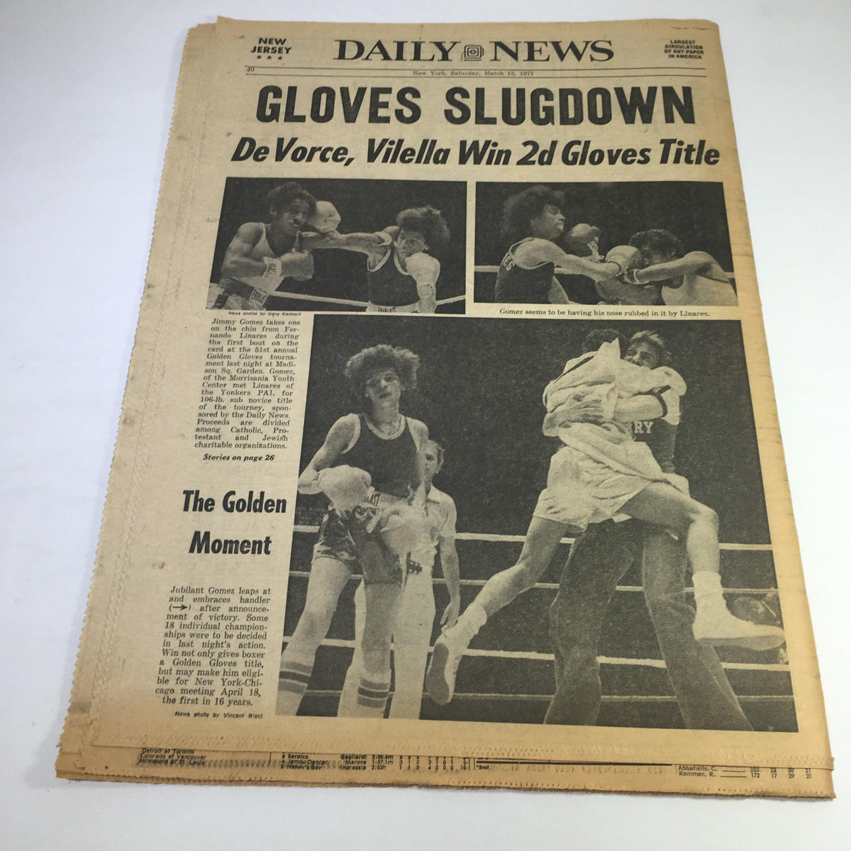 Vintage NY Daily News cover dated March 12, 1977, featuring the headline 'Gloves Slugdown' with images of boxers in action, highlighting a significant sports event.