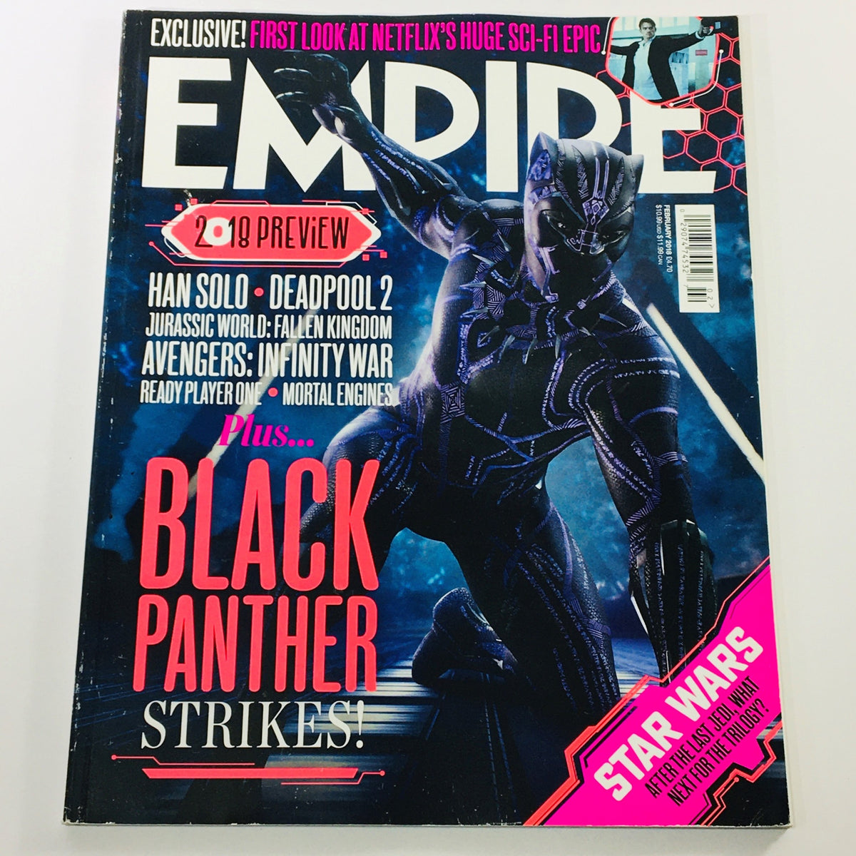 Empire Magazine February 2018 #345 featuring Chadwick Boseman as Black Panther on the cover, showcasing the superhero theme with sleek design and vibrant colors.