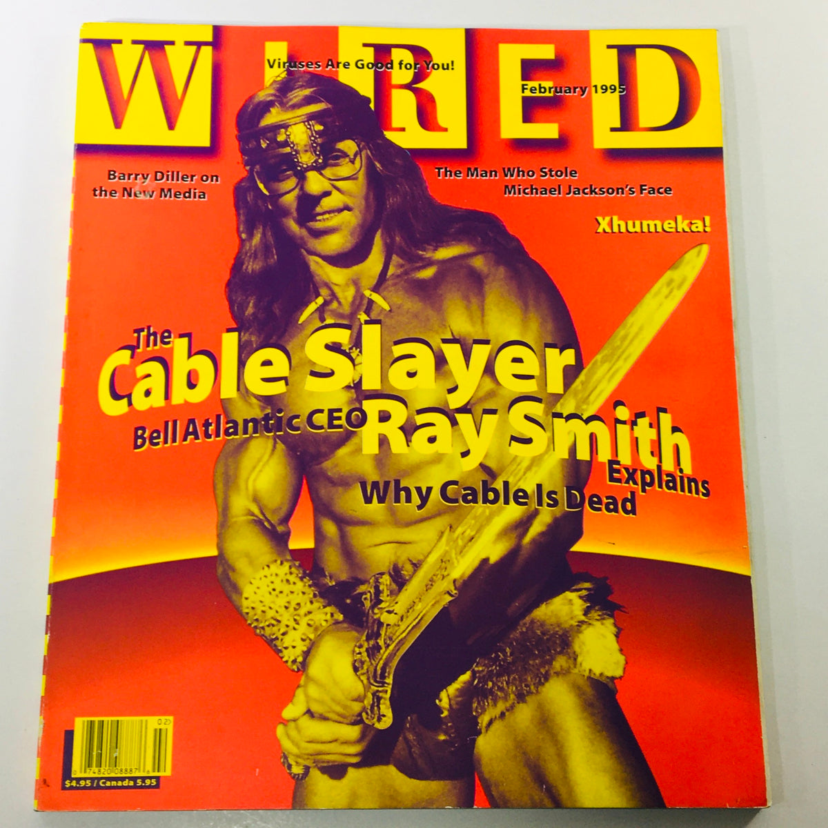Wired Magazine February 1995 Vol 3 #2 cover featuring 'The Cable Slayer' Bell Atlantic CEO Ray Smith, showcasing vibrant colors and striking artwork.