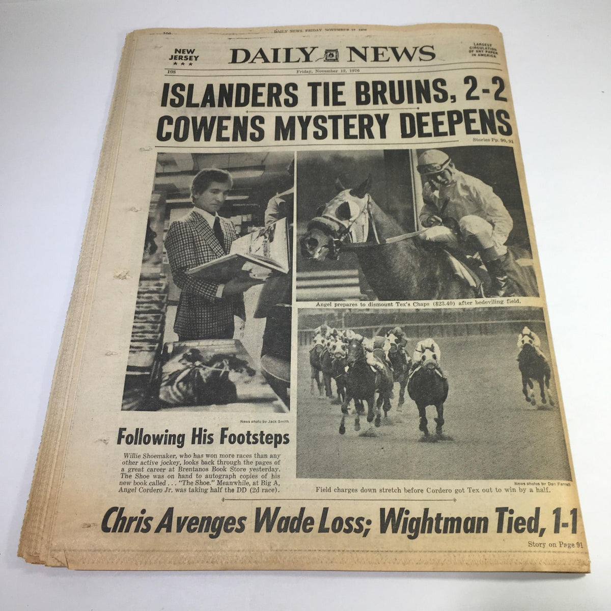 NY Daily News front page showcasing the headline 'Islanders Tie Bruins, 2-2, Cowens Mystery Deepens' featuring sports coverage and images of athletes from the November 12, 1976 edition.