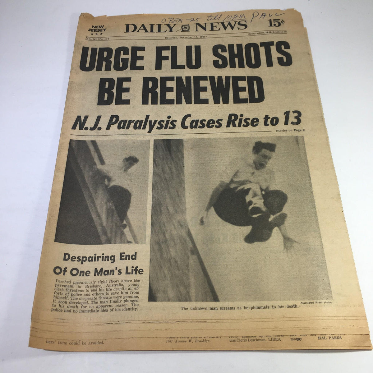 NY Daily News headline from December 18, 1976, urging flu shots to be renewed, with additional coverage on the tragic end of one man's life as shown in the accompanied image.