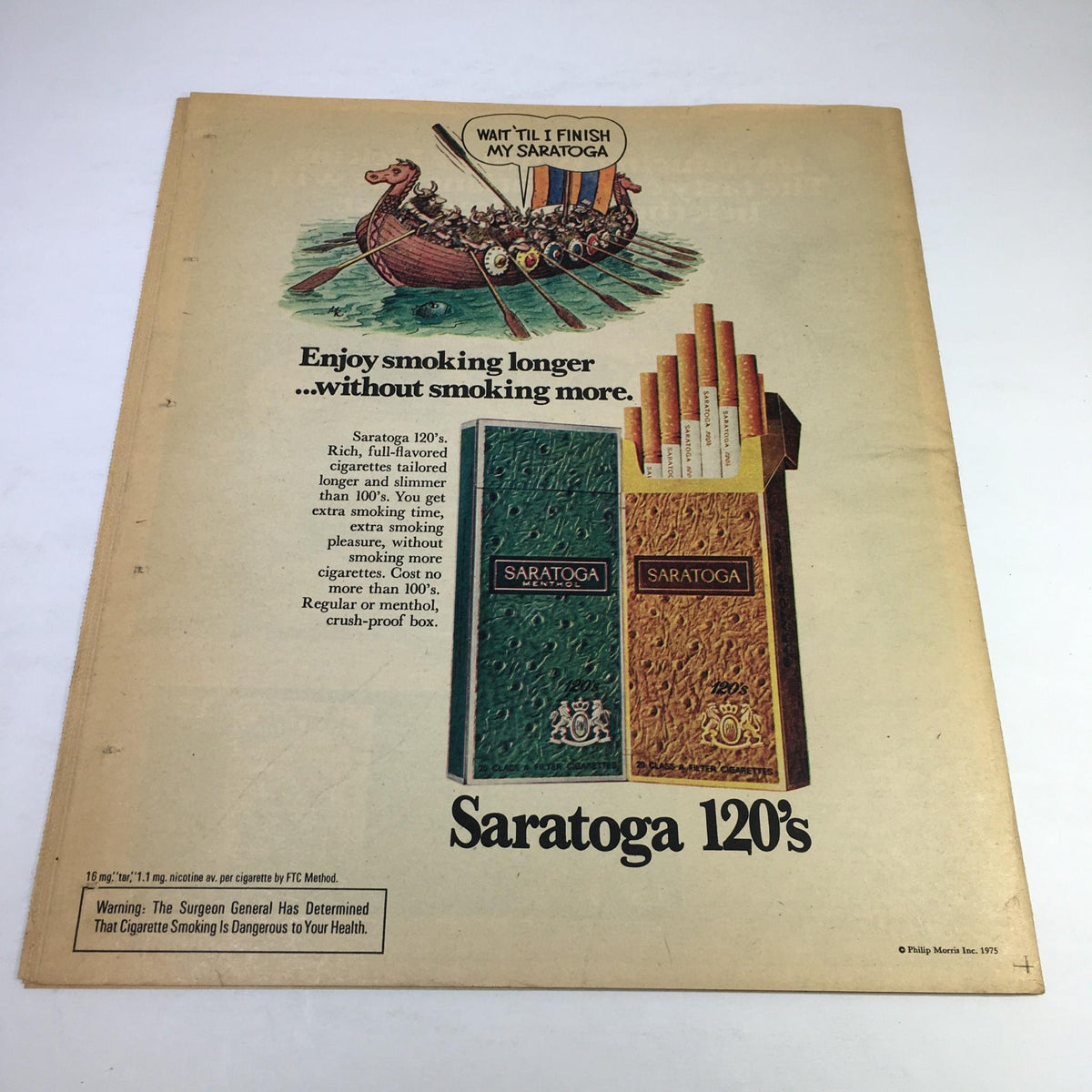Back cover advertisement for Saratoga 120's cigarettes from December 21, 1975, highlighting the slogan 'Enjoy smoking longer...without smoking more'.