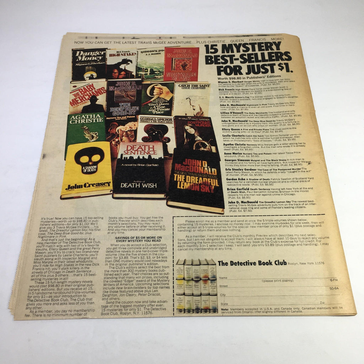 Back cover of Sunday Star Ledger Aug 1 1976 Parade advertisement featuring a collection of mystery best-sellers available for purchase, showcasing various book titles and authors.