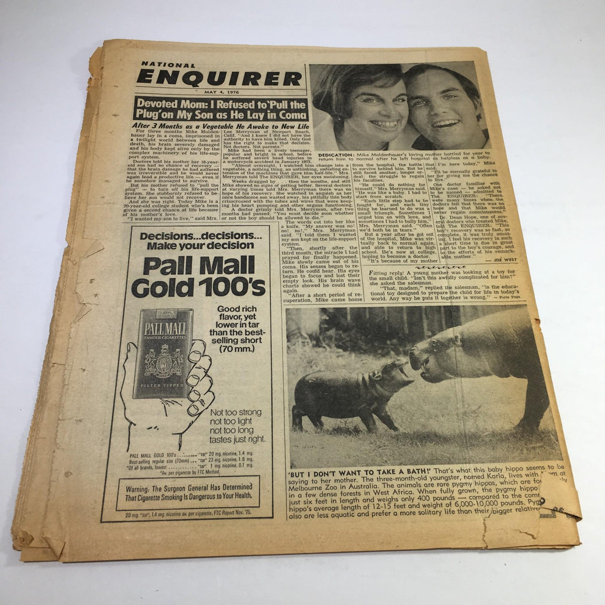 National Enquirer article discussing a devoted mother refusing to pull the plug on her son who was in a coma, along with a photo of a couple. Headline part of the May 4, 1976 issue.