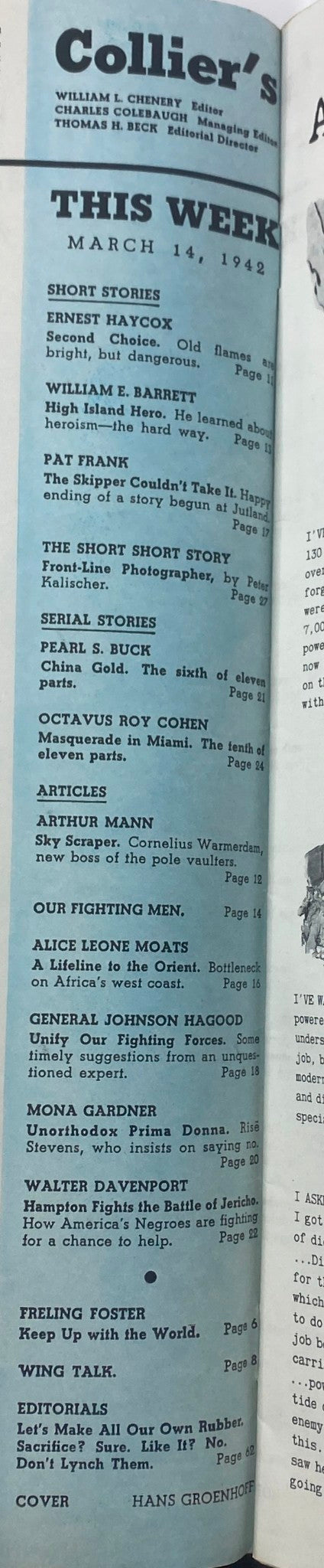 Collier's Magazine cover for March 14, 1942 showcasing a variety of short stories and articles. Features titles such as 'Second Choice' by Ernest Haycox and lists themes including heroism and sacrifice. Cover illustrated by Hans Groenhout.