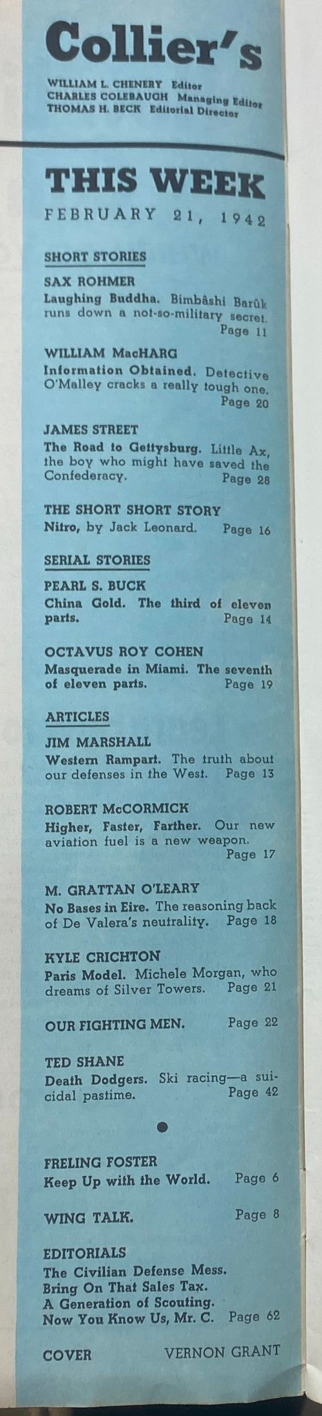 Table of contents page from Collier's Magazine, February 21, 1942, listing articles and short stories, including 'Laughing Buddha' and 'Information Obtained.' The page emphasizes historical narratives from this vintage publication.