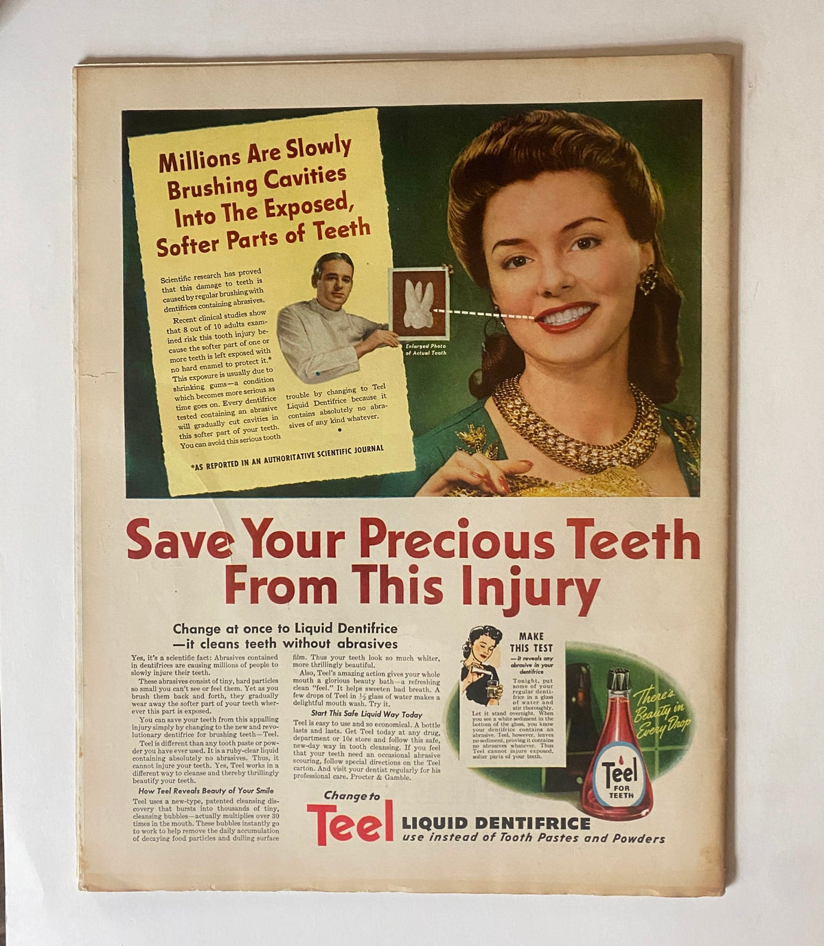 Save Your Precious Teeth from This Injury advertisement featuring a lady promoting Teel Liquid Dentifrice, from Collier's Magazine February 21, 1942 Vernon Grant Cover. The image shows a smiling woman with a statement about dental care and promoting the benefits of using liquid dentifrice over traditional toothpastes.