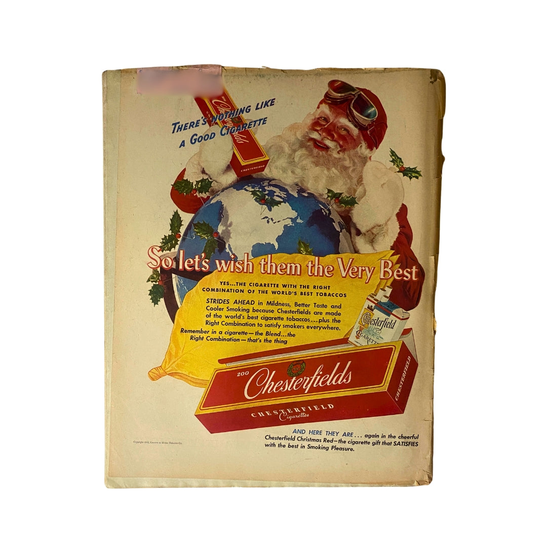 Back cover of VTG Collier's Magazine December 18, 1943 featuring a festive advertisement for Chesterfield cigarettes with a Santa Claus illustration.