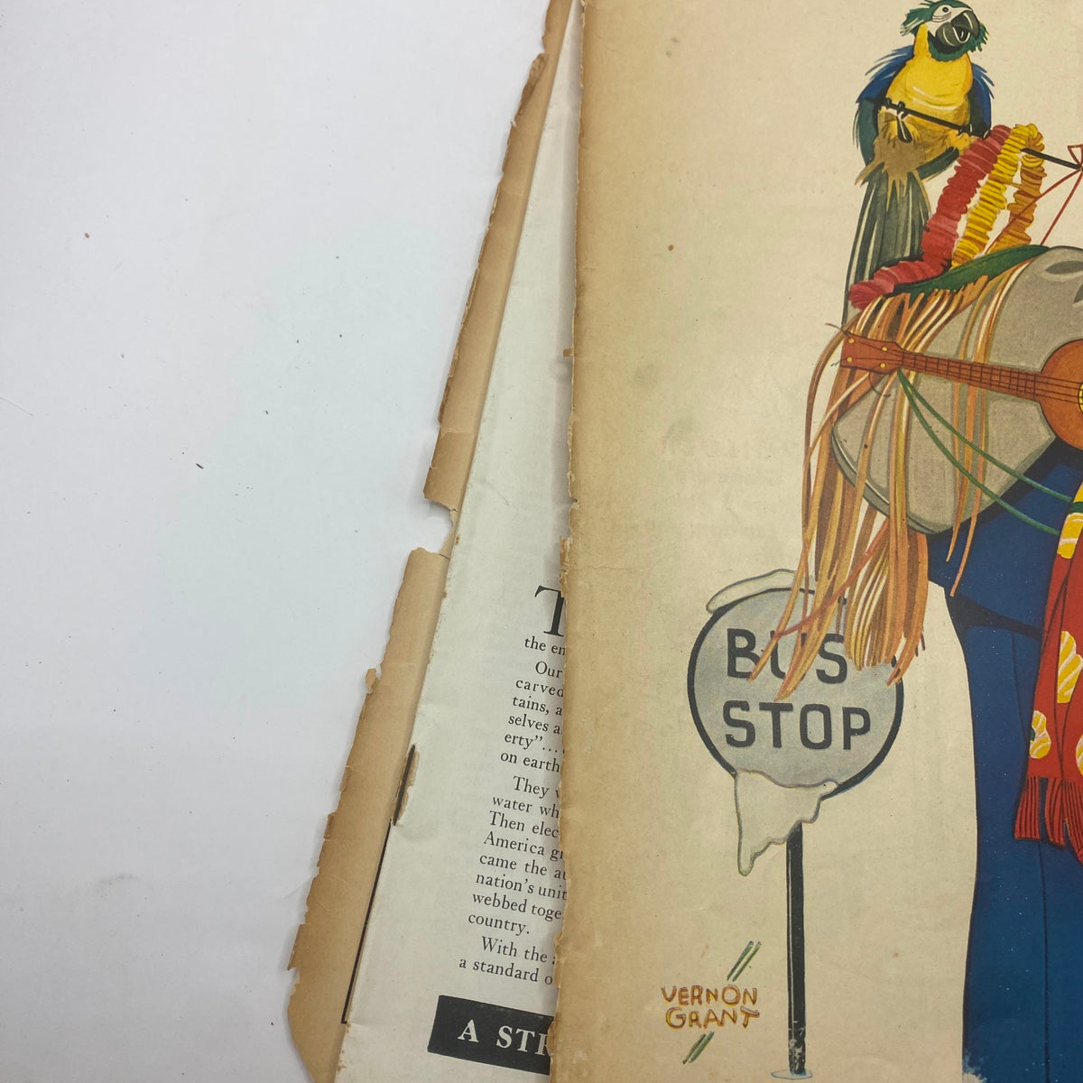 Close-up of the VTG Collier's Magazine January 10, 1942 Vernon Grant Cover, highlighting the intricate details of the illustration and the bus stop sign.