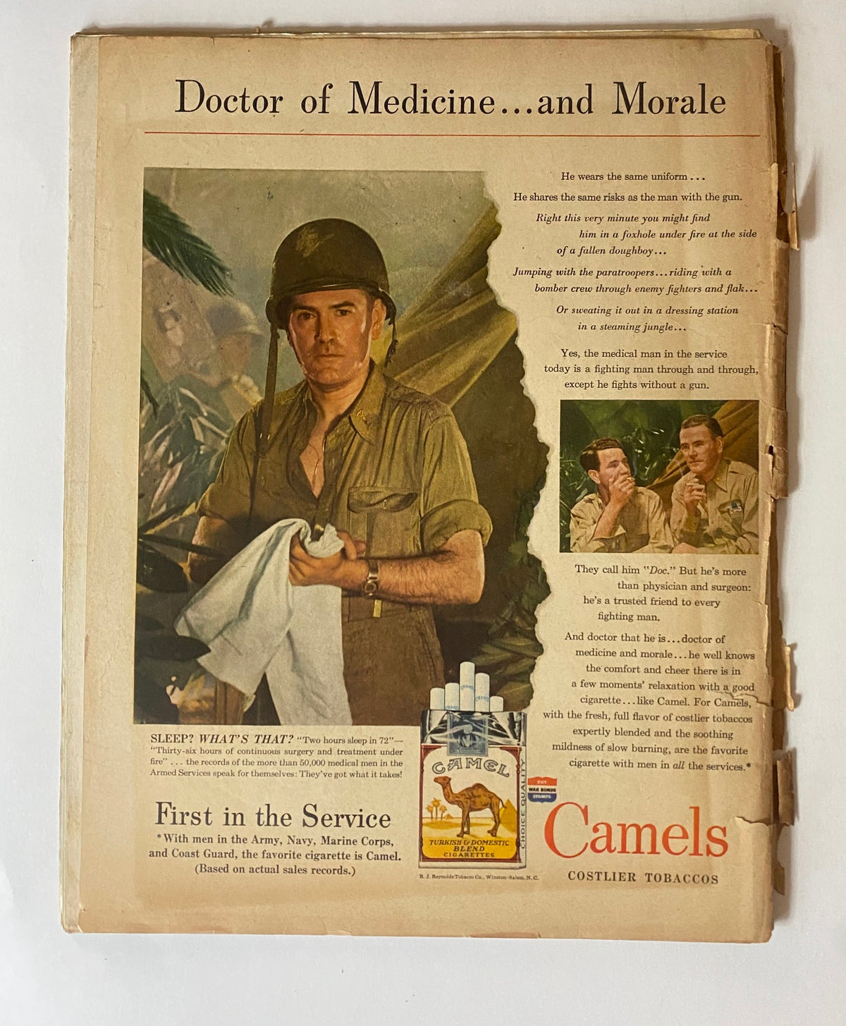 Cover of VTG Collier's Magazine, May 13, 1944, featuring a soldier in uniform with medical supplies, promoting Camel cigarettes in a WWII context.