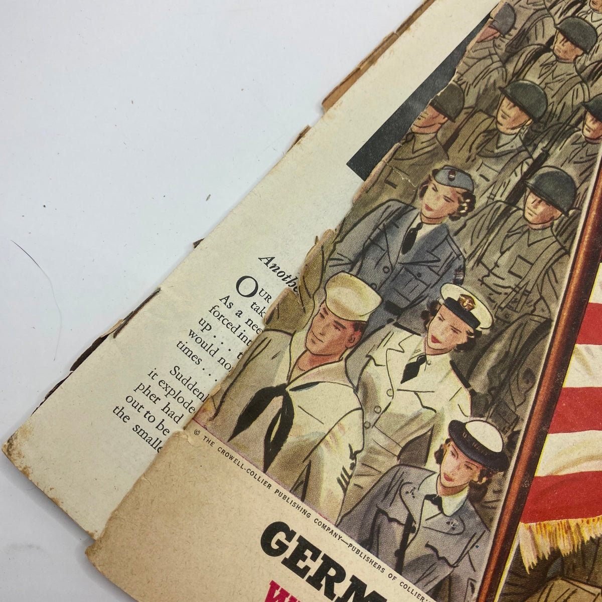 Close-up showing part of the cover from VTG Collier's Magazine July 7, 1945, showcasing characters in military uniforms and the text 'Germany—Our Greatest Gamble'.