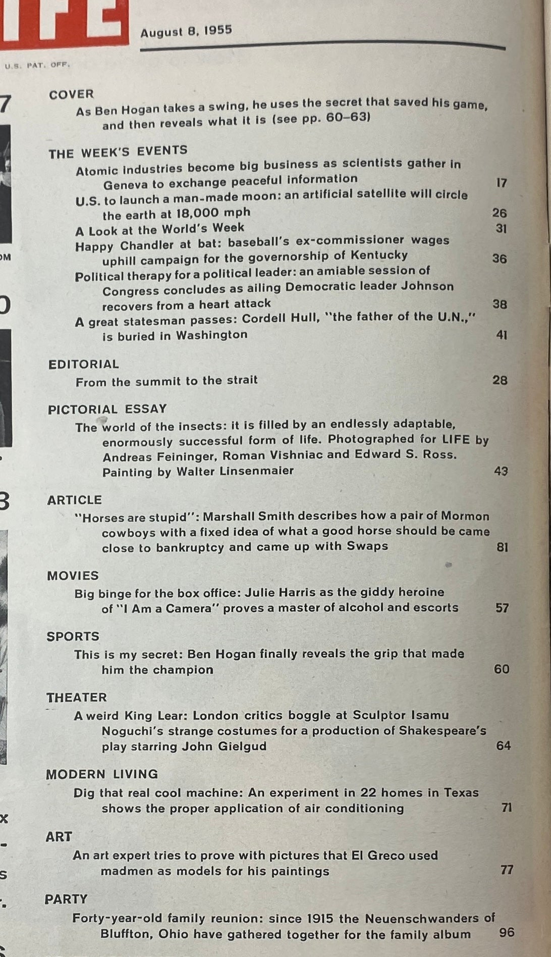 Contents page of VTG Life Magazine August 8, 1955 showcasing articles, including insights into Ben Hogan's golfing secrets and weekly events from 1955.