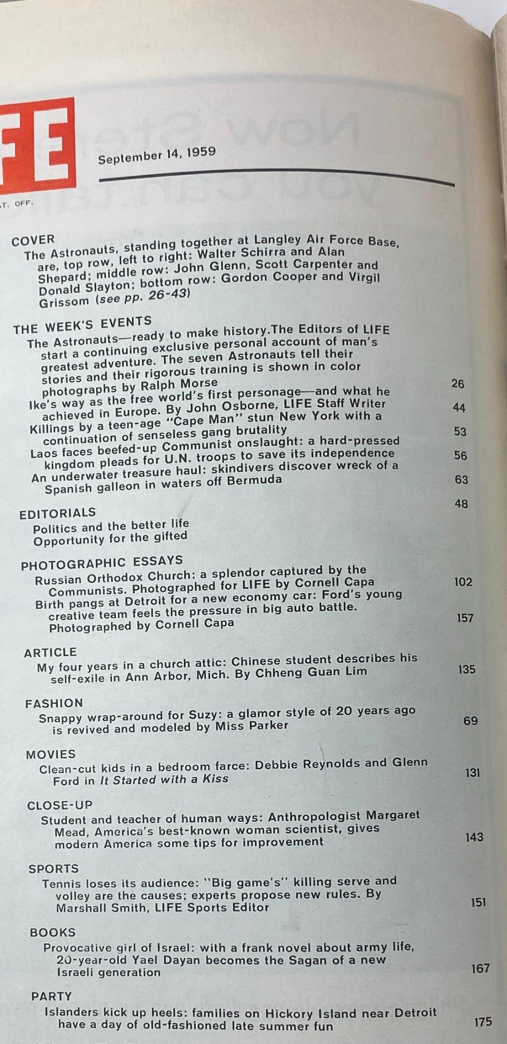 Contents page of VTG Life Magazine September 14, 1959, detailing articles about the Mercury 7 astronauts and significant events of the week.