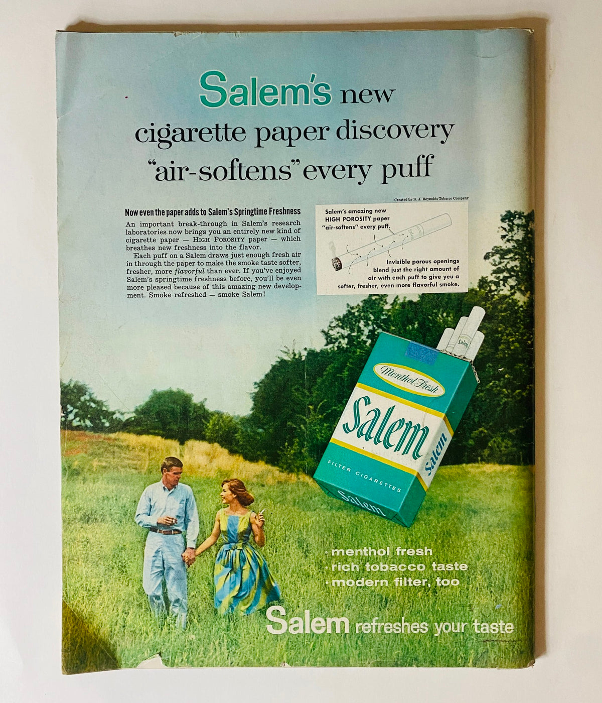 Advertisement from the back of VTG Life Magazine September 14, 1959, promoting Salem cigarettes with a couple walking in a field.
