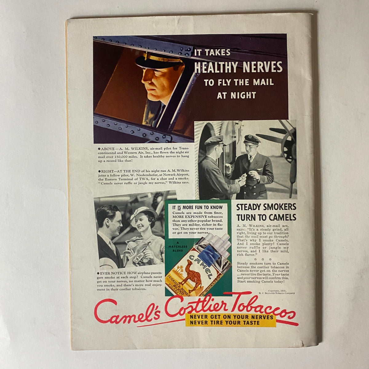 Back cover of the VTG Life Magazine September 1933 featuring an advertisement for Camel cigarettes, emphasizing the importance of healthy nerves for pilots.