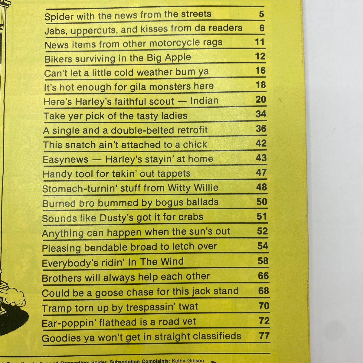 Table of contents from VTG Easyriders Magazine July 1981 showcasing articles on biker culture and women in motorcycling.