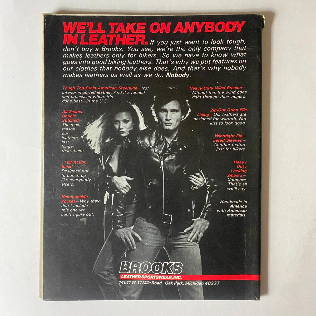 Back cover of VTG Easyriders Magazine July 1981 featuring an advertisement for Brooks Leather Sportswear, highlighting biker apparel and accessories.