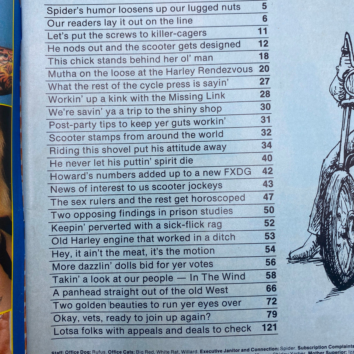 VTG Easyriders Magazine November 1983 table of contents showcasing various articles including humorous anecdotes and motorcycle maintenance tips.