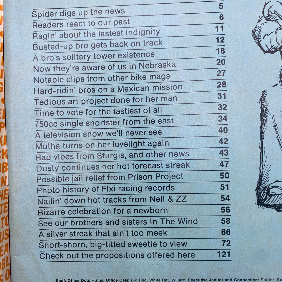 Contents page of VTG Easyriders Magazine August 1983, showcasing articles and topics related to motorcycle culture, including reader reactions and features on biking adventures.