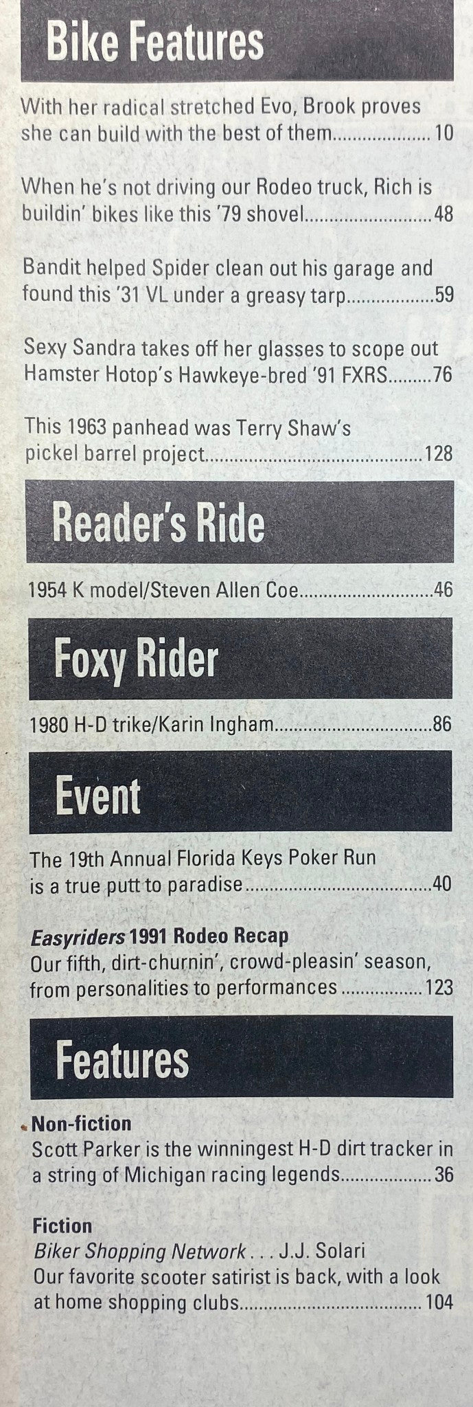 Easyriders Magazine April 1992 table of contents featuring bike features, reader's ride, and the 19th Annual Florida Keys Poker Run.