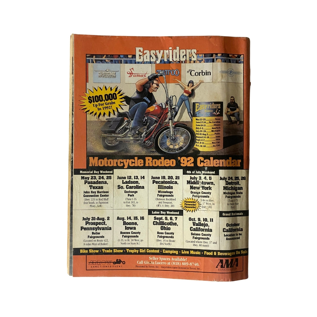 Easyriders Magazine April 1992 advertisement page showcasing the Motorcycle Rodeo '92 calendar and related events.