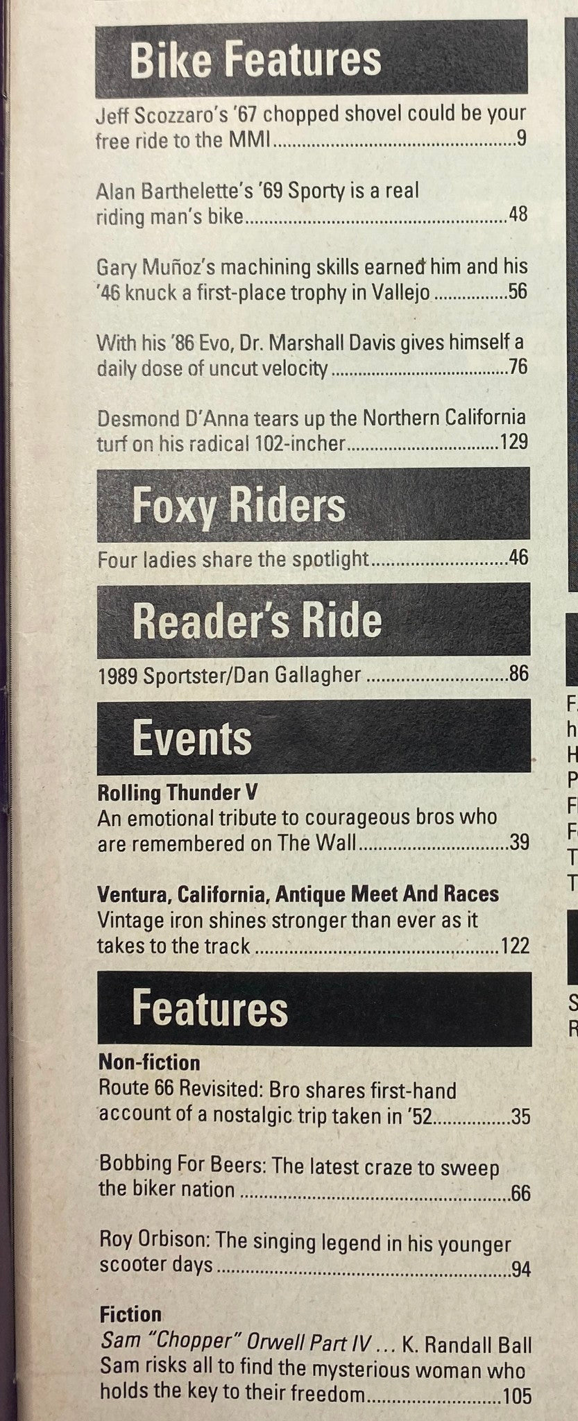 Table of contents from Easyriders Magazine January 1993, highlighting bike features, events like Rolling Thunder V, and a spotlight on Roy Orbison.