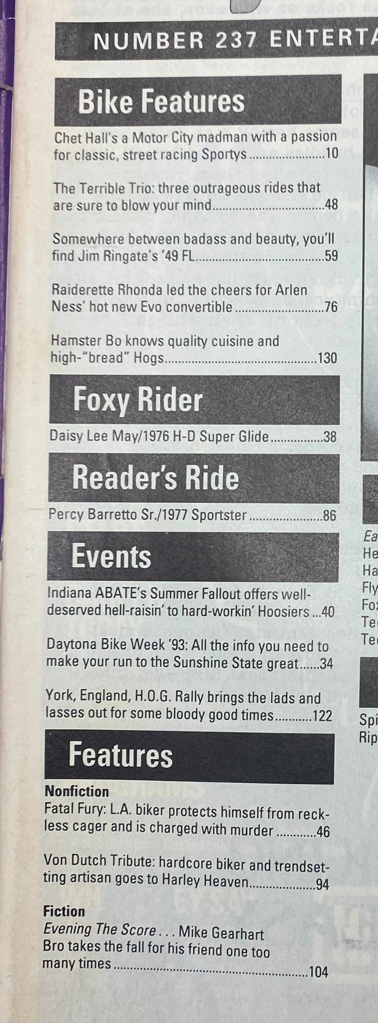 Easyriders Magazine March 1993 featuring Arlen Ness' All New Convertible, showcasing the contents page with highlights on motorcycle features and events.