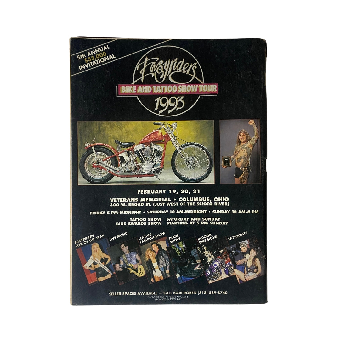 Easyriders Magazine March 1993 highlighting the Bike and Tattoo Show Tour, featuring a motorcycle and tattoo models, emphasizing the vibrant culture of the 1993 biker scene.