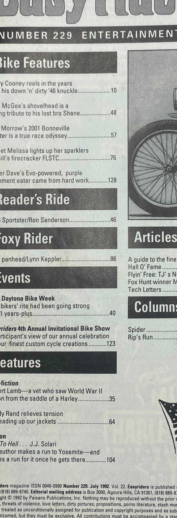 Inside page of Easyriders Magazine July 1992, highlighting features on custom motorcycles, including stories and notable bike builds.