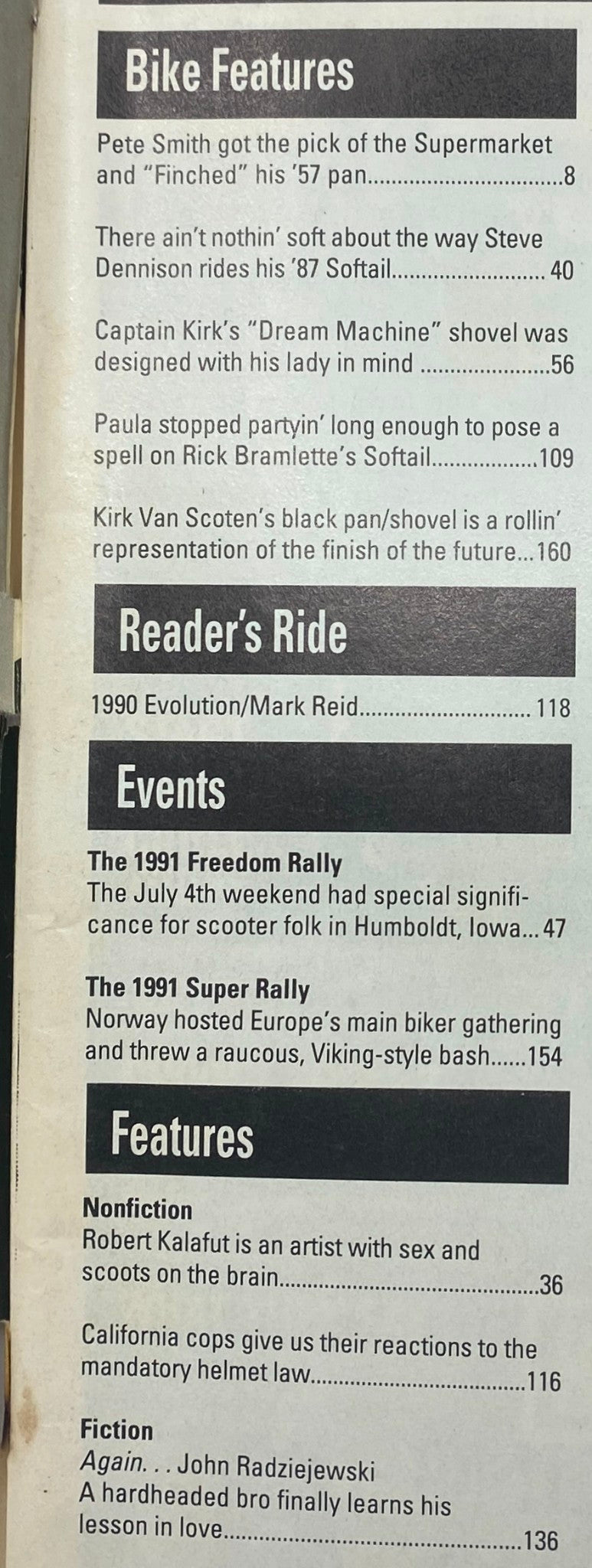 Inside page of Easyriders Magazine February 1992 showcasing bike features and events related to motorcycle culture.