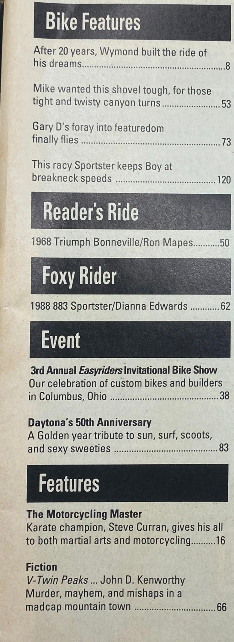 Table of contents from Easyriders Magazine July 1991, listing featured articles including bike features and reader contributions within the theme of 'Desert Storm'.
