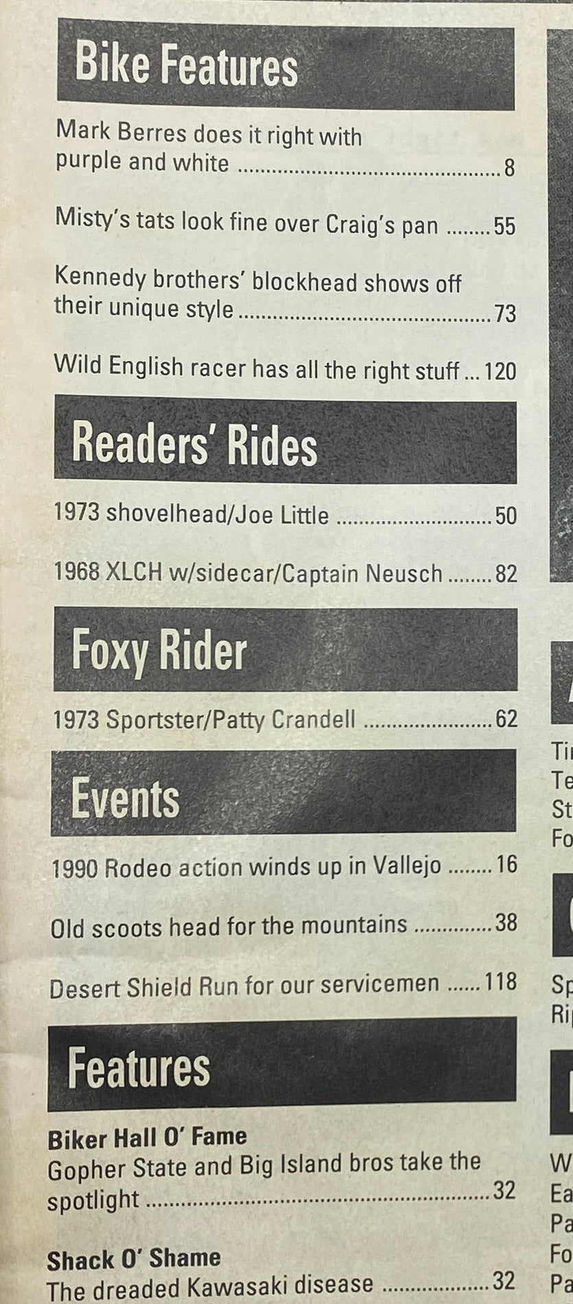 Table of contents from Easyriders Magazine March 1991, highlighting bike features, readers' rides, and motorcycle events.