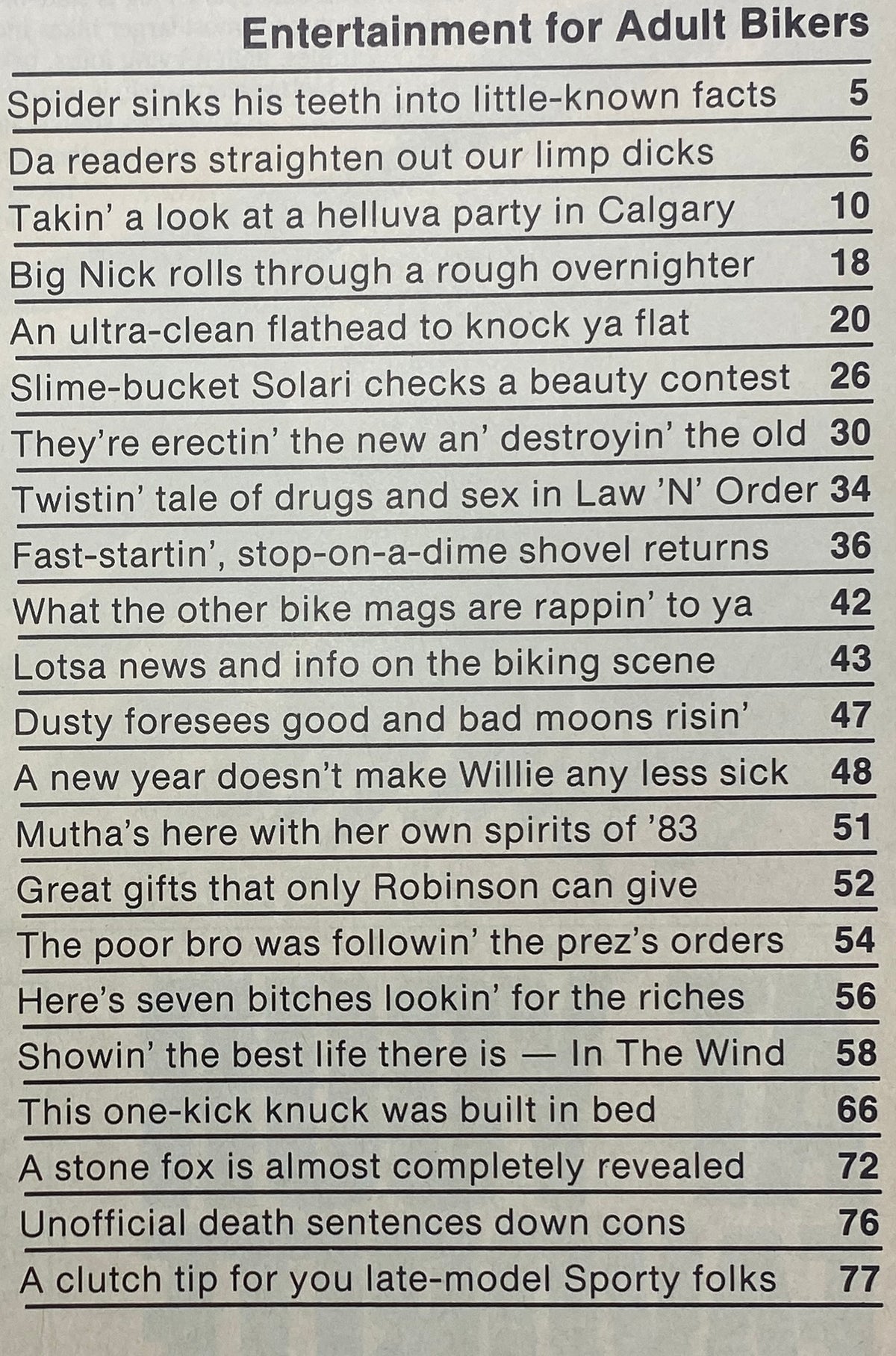 Table of contents page from VTG Easyriders Magazine January 1983, detailing articles related to motorcycle culture and entertainment for adult bikers.