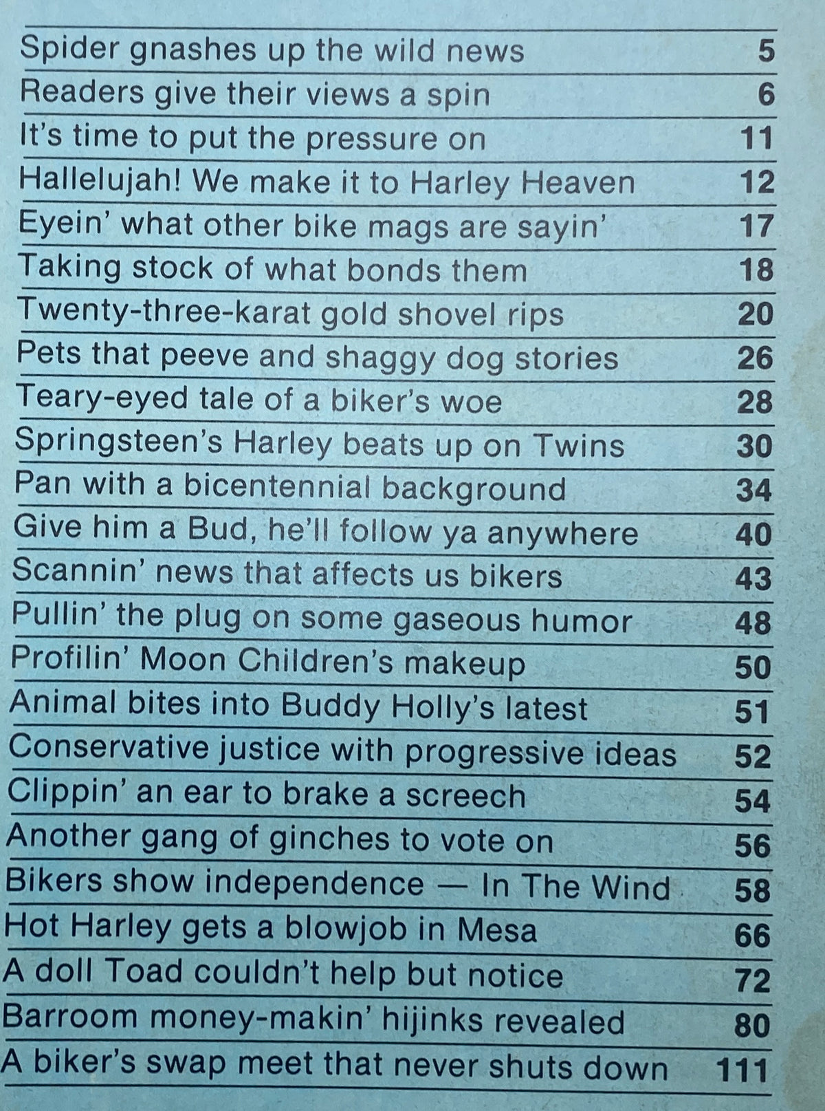 Table of contents page from VTG Easyriders Magazine July 1983 showcasing various articles including 'Hallelujah! We make it to Harley Heaven' and 'Teary-eyed tale of a biker’s woe'.