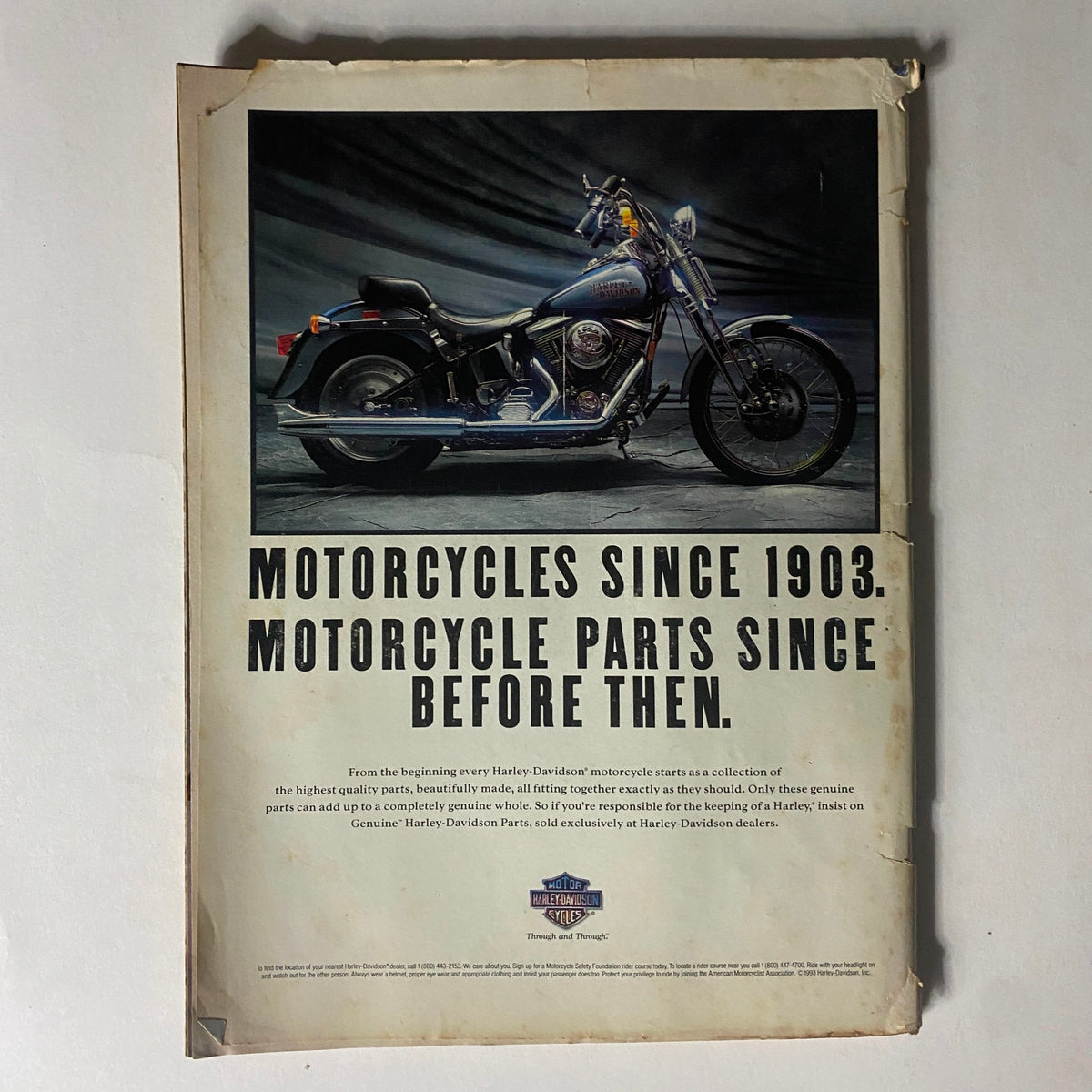 Easyriders Magazine December 1993 back cover showcasing a vintage Harley-Davidson motorcycle advertisement emphasizing quality and parts since 1903.