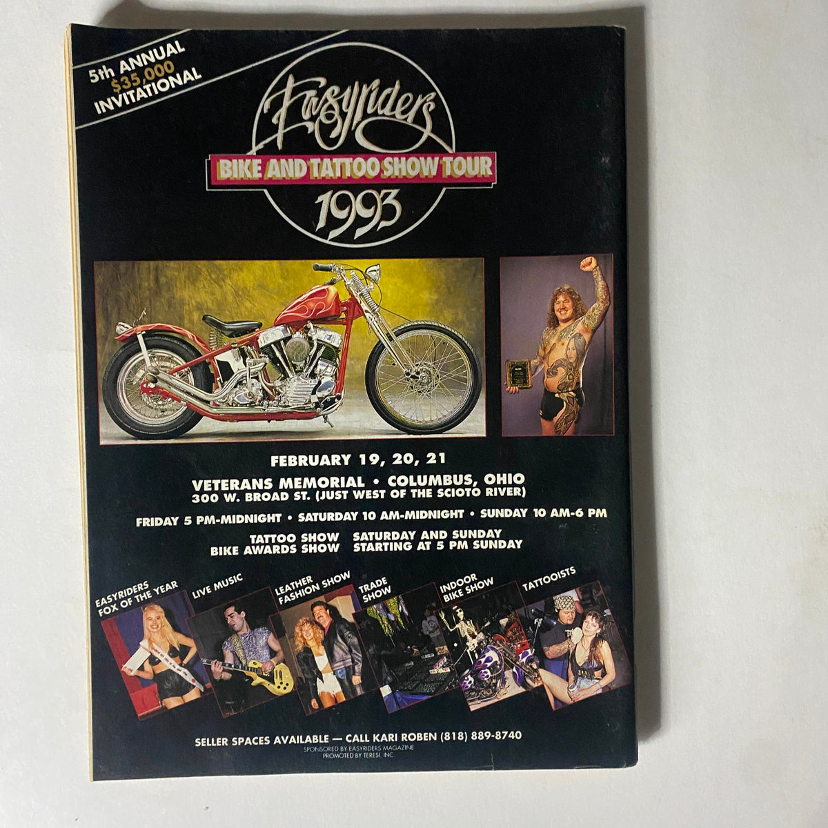 Promotional flyer for the Easyriders Bike and Tattoo Show Tour 1993, detailing the event dates and location in Columbus, Ohio.