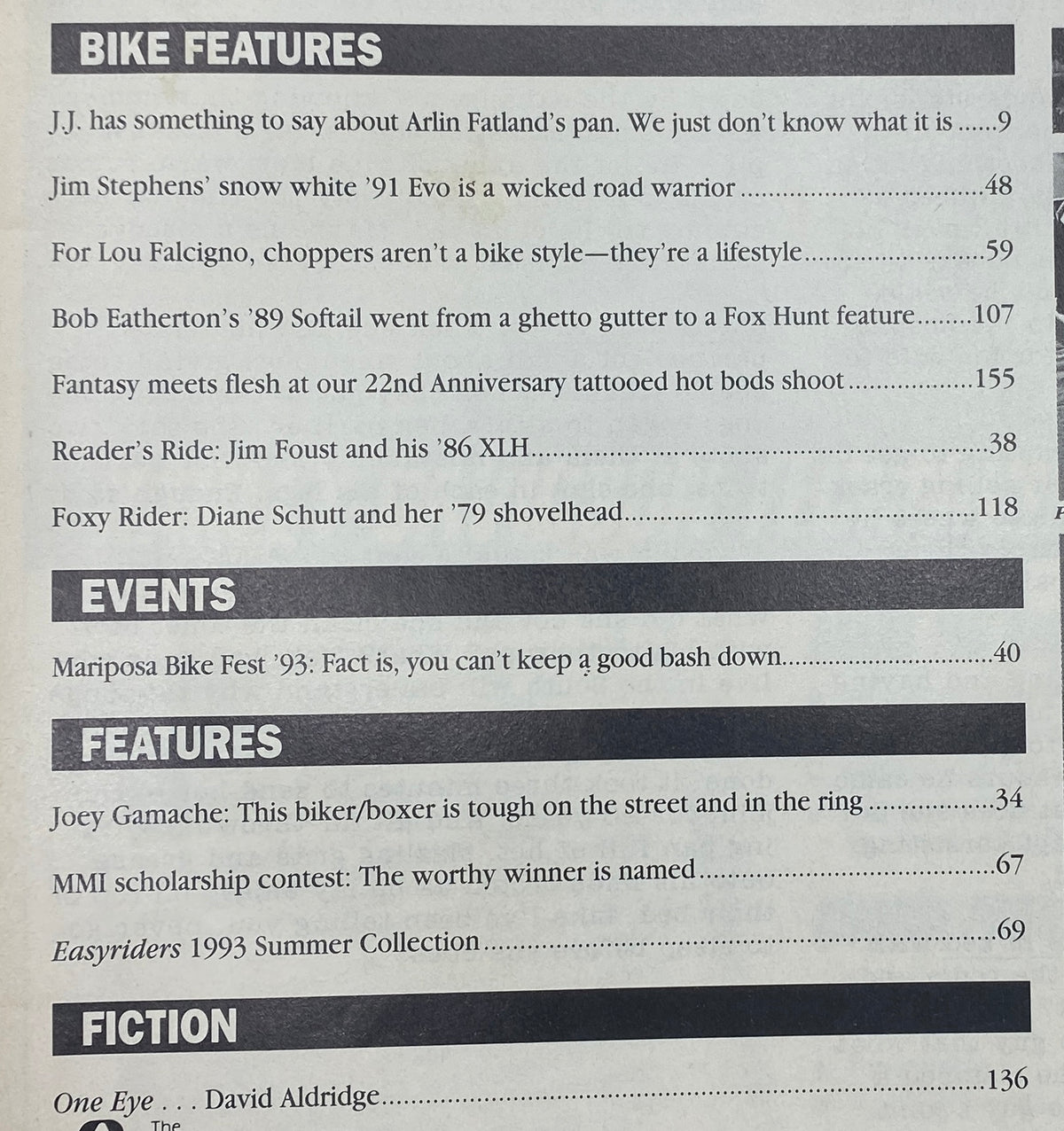 Table of contents for Easyriders Magazine June 1993, highlighting features on iconic motorcycles, the Mariposa Bike Fest, and biker culture.